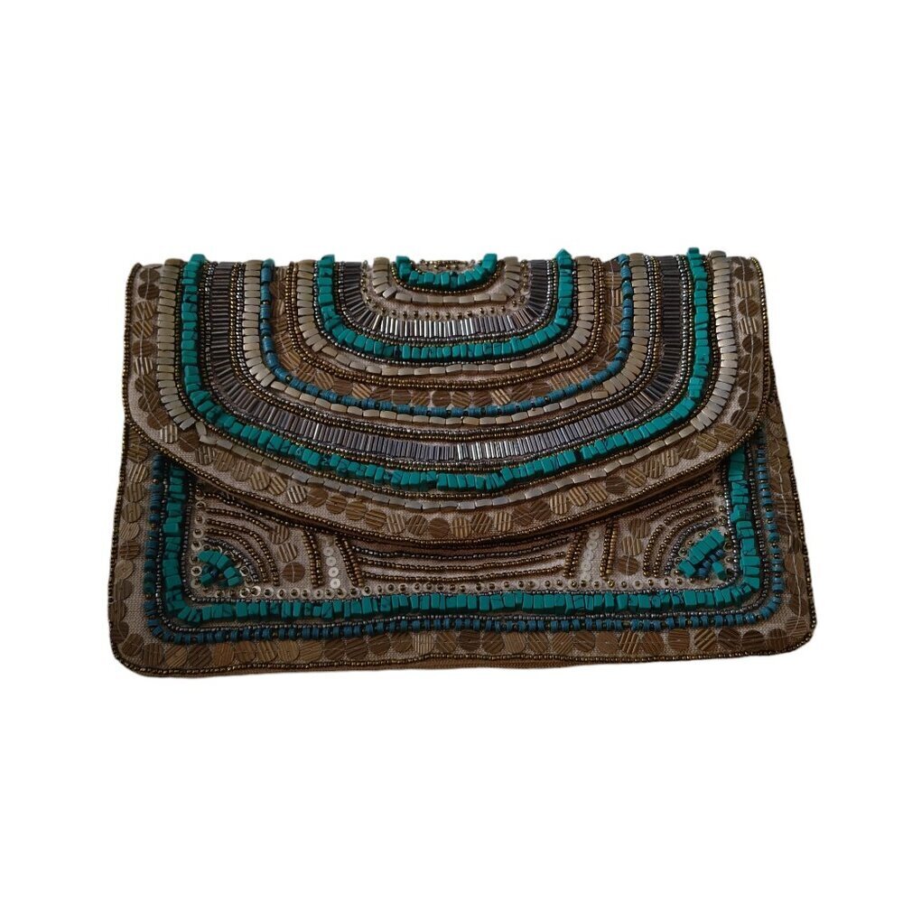 Shirdee Vintage Beaded Turquoise Beige Metallic Retro Clutch Purse Boho